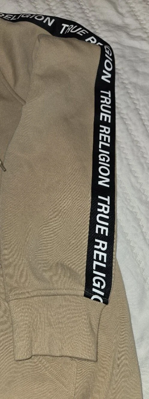 True Religion Men’s Tan Hoodie with Black Logo Tape